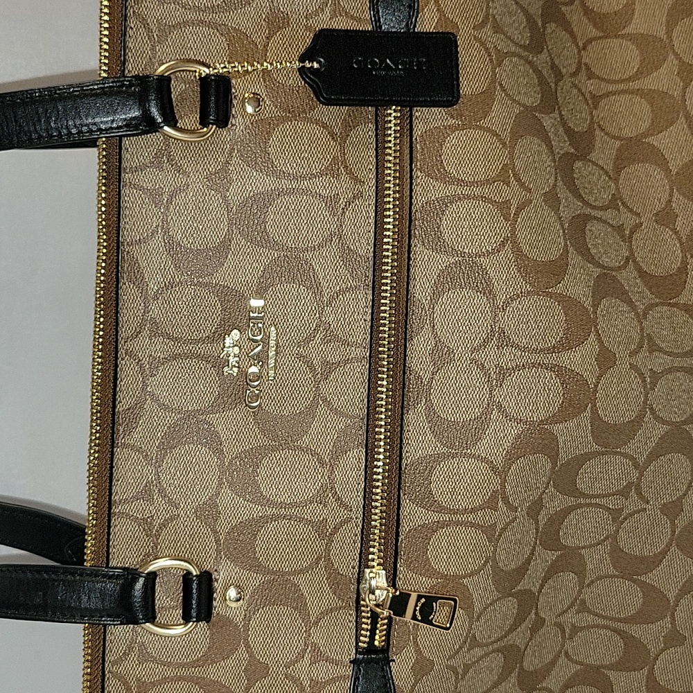 COACH Signature Coated Canvas Khaki Tan and Black Signature Tote - Picture 2 of 7